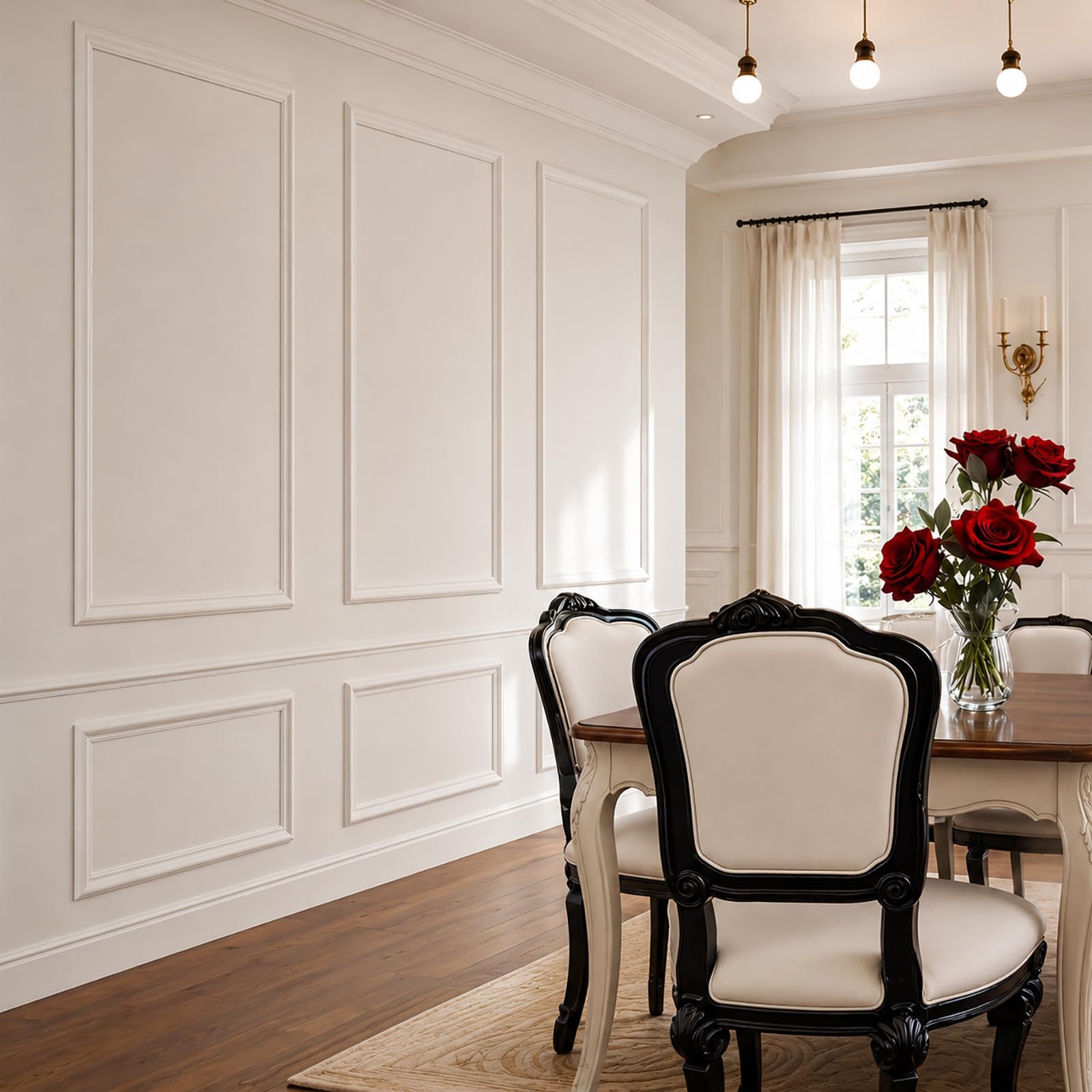 Two-tier picture frame molding installed on a dining room wall in Orlando, painted one colour with crown moulding