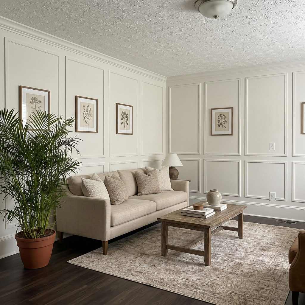 Grid of picture frame molding boxes across two walls of a family room