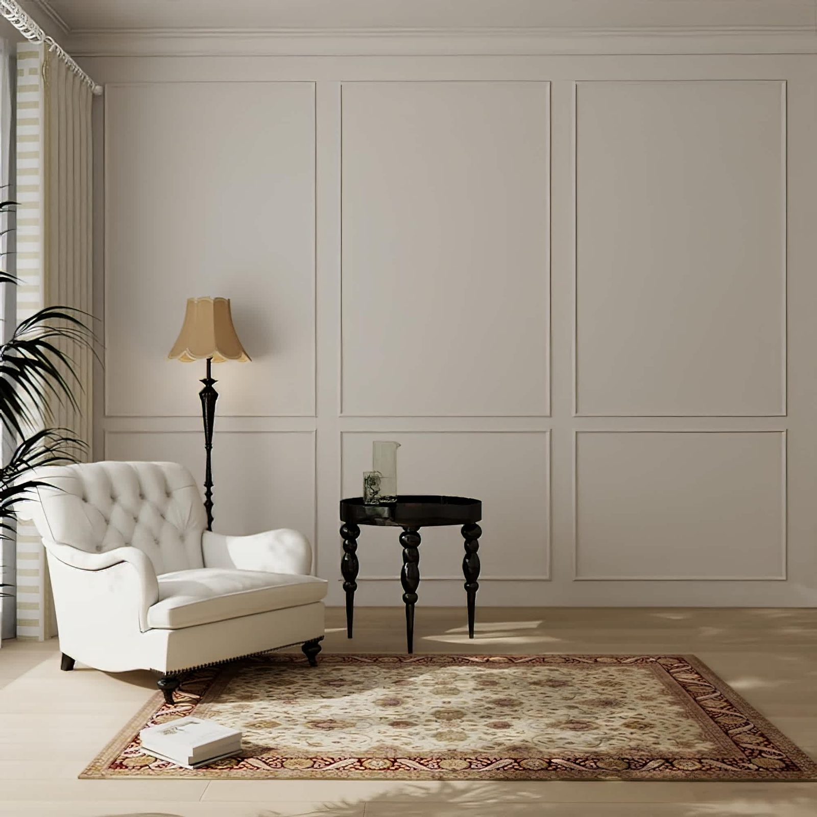 Full-height panel moulding boxes on a sitting room wall painted warm off-white