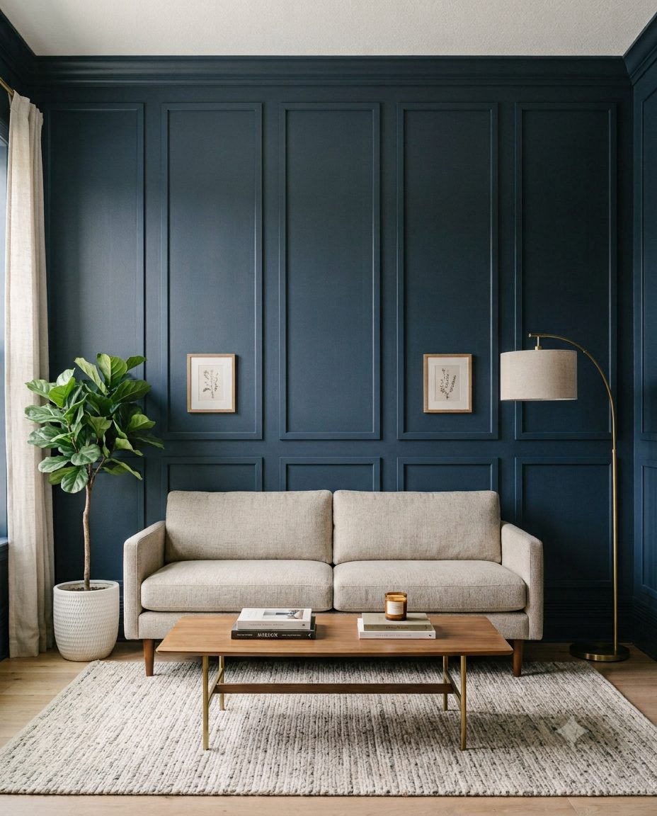 Navy picture frame molding wall behind a sofa with crown and baseboard painted to match