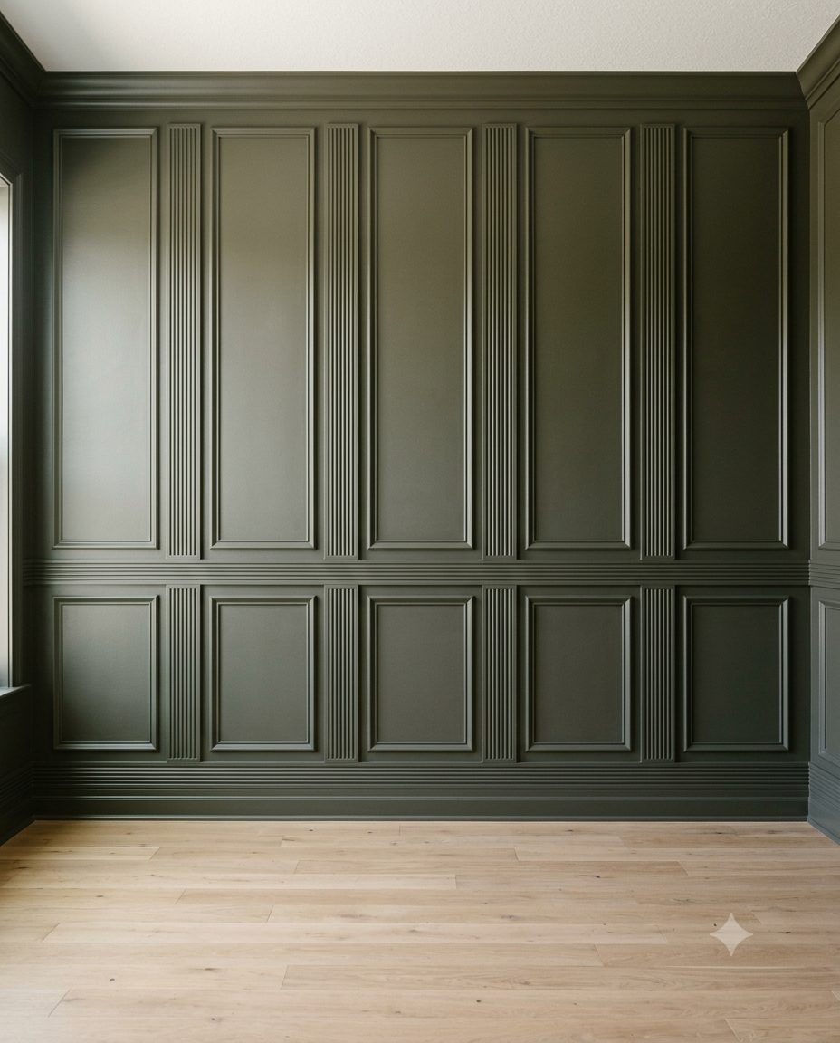 Olive green wall with picture frame boxes and fluted pilasters between them